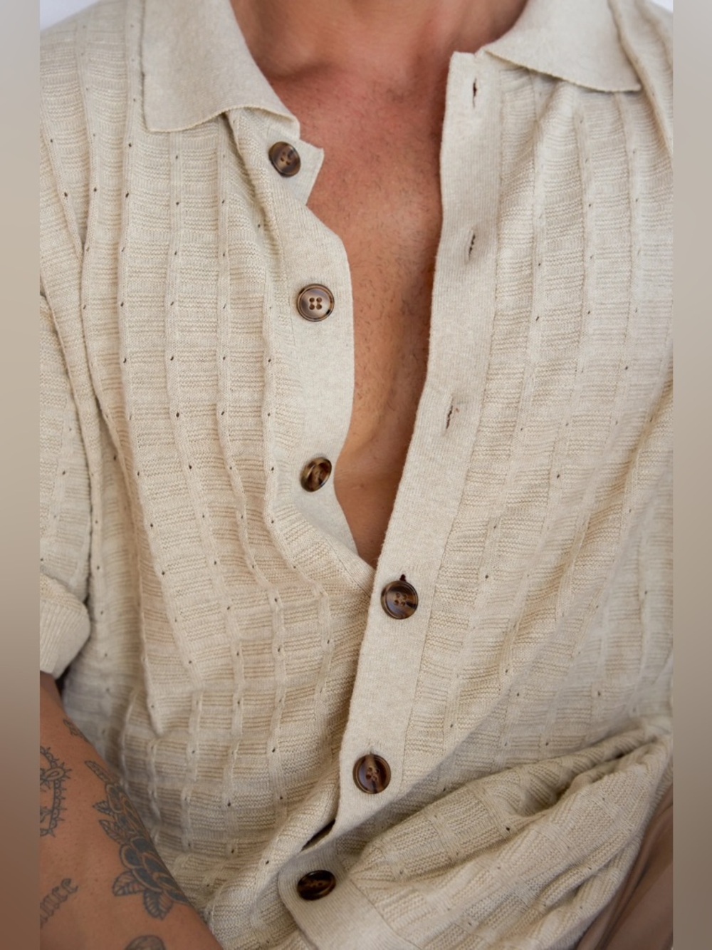 MR.ODET Casual Cream Knit Button-Down Shirt PR10-33